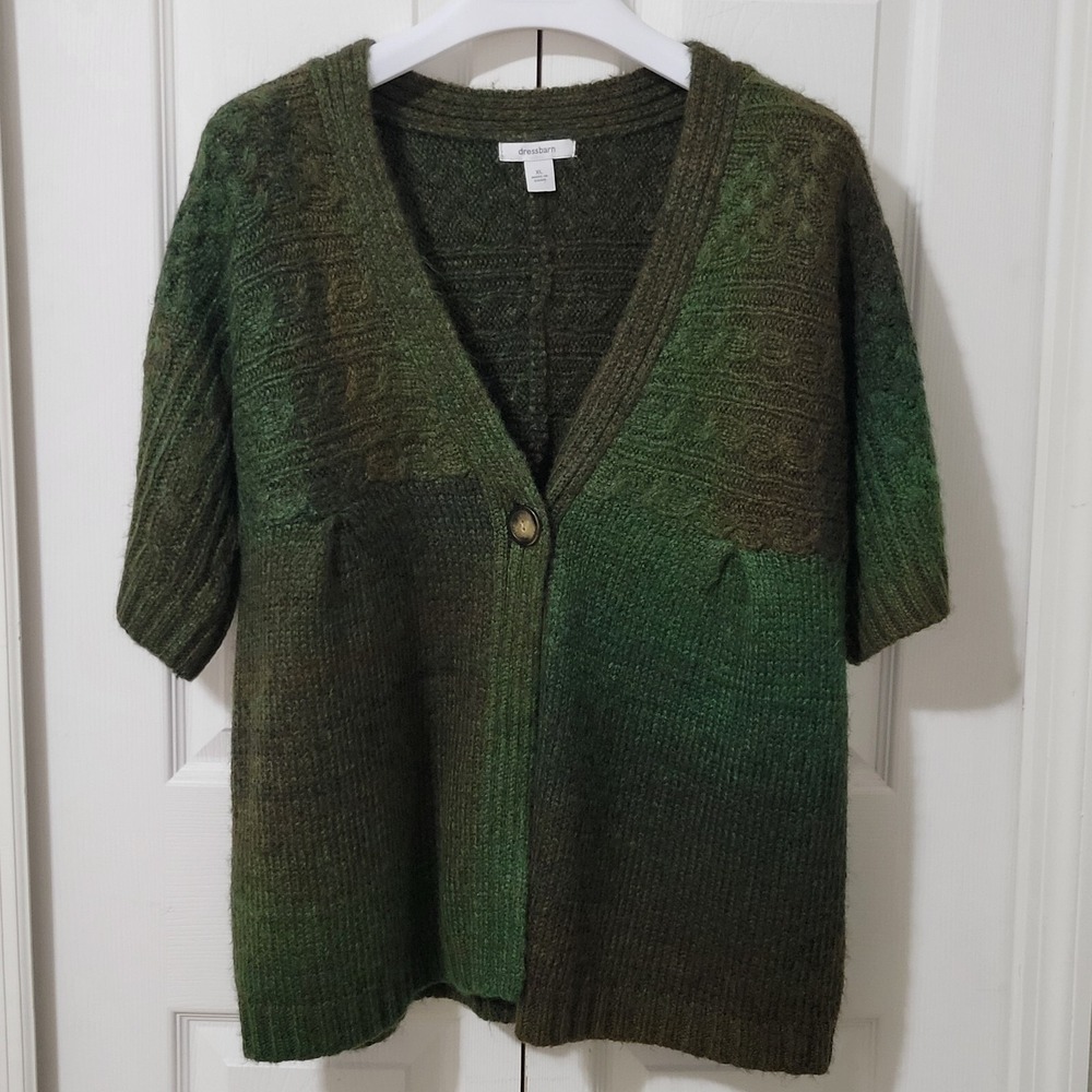 Dressbarn Cardigan Sz XL Green Brown V Neck Fuzzy Elbow Sleeve Soft Knit Sweater